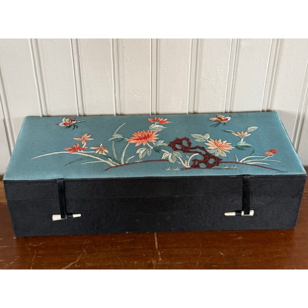 Chinese Embroidered Butterfly Floral Jewelry Box 1960s